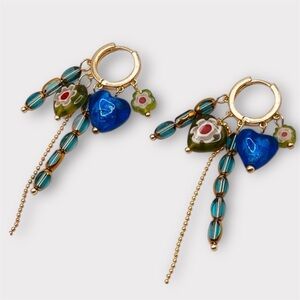 Gold- Blue and Green Heart Flower Charms Dangle Drop Hoop Earrings